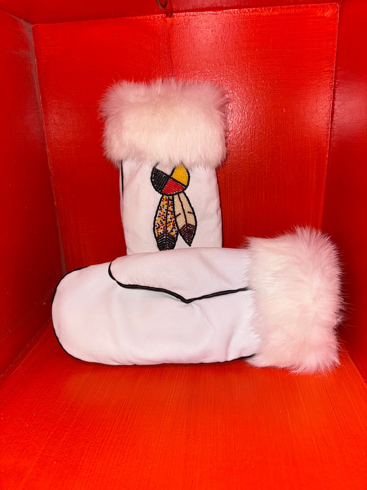 Handmade White Leather Beaded Mittens