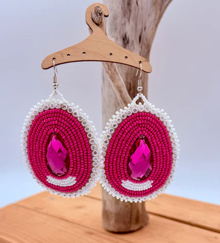 XL Pink Tear Drop Beaded Earrings