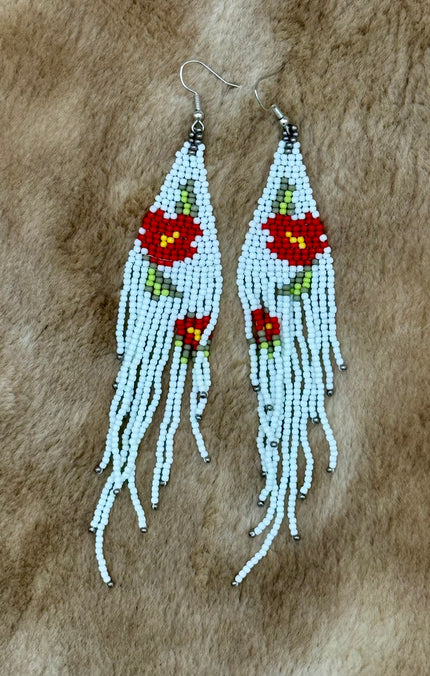 Red and White Floral  Beaded Earrings