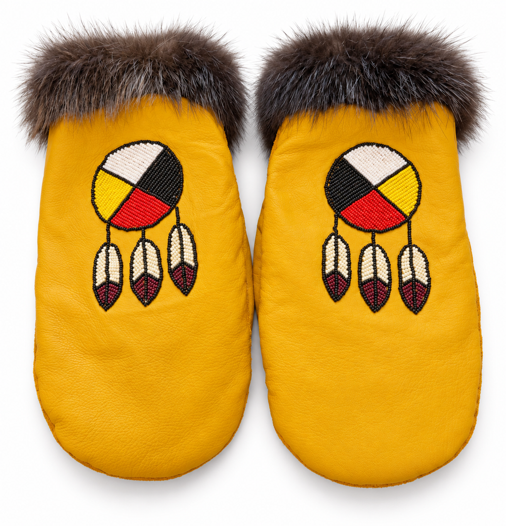 Indigenous-Made Leather Mittens with Four Directions Beadwork size xl