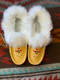 Premium Deerskin & Rabbit Fur Moccasins – Indigenous Handmade Leather Sole House Slippers Canada