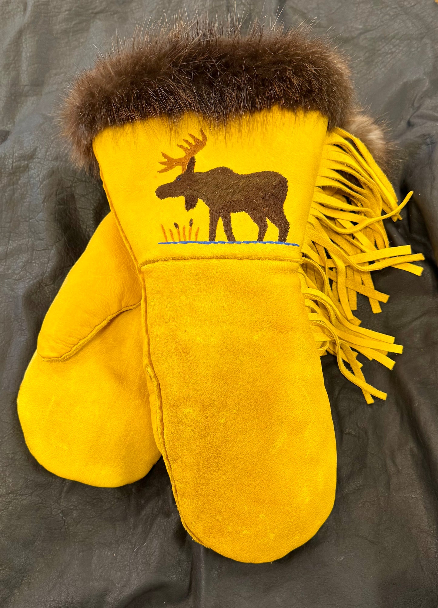 Handmade Moosehide Gauntlets – Indigenous Made, Embroidered Moose (Size XL)