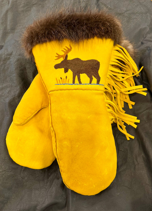 Handmade Moosehide Gauntlets – Indigenous Made, Embroidered Moose (Size XL)