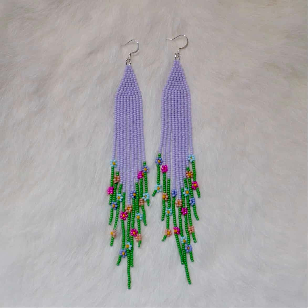 Long Purple Daisy Fringe Beaded Earrings