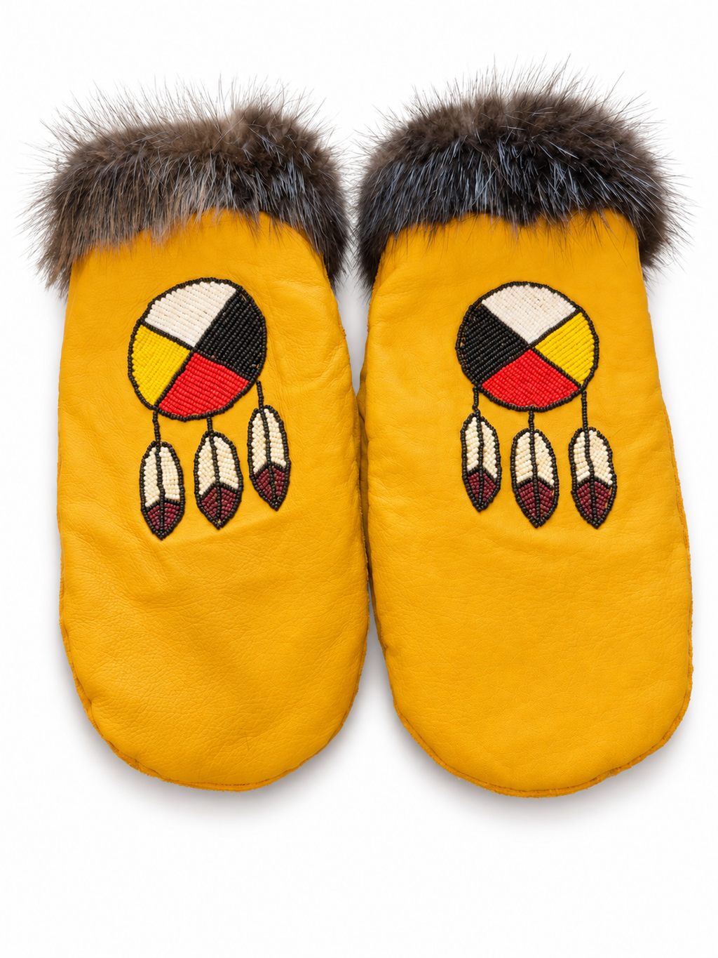 Indigenous-Made Leather Mittens with Four Directions Beadwork size xl