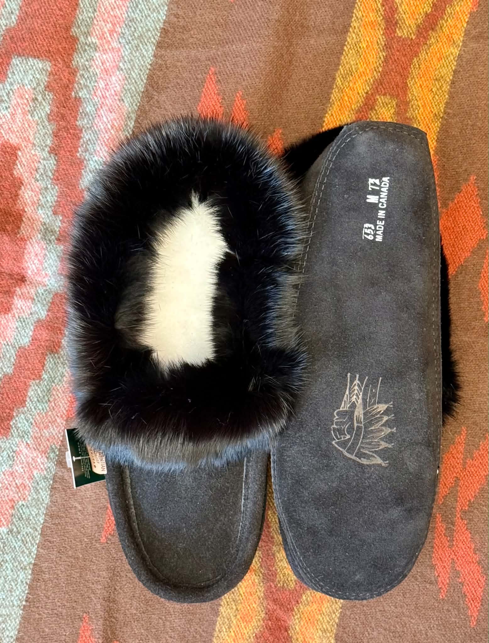 Men’s Black Leather Moccasins with Rabbit Fur Trim – Indigenous Made (Canada)