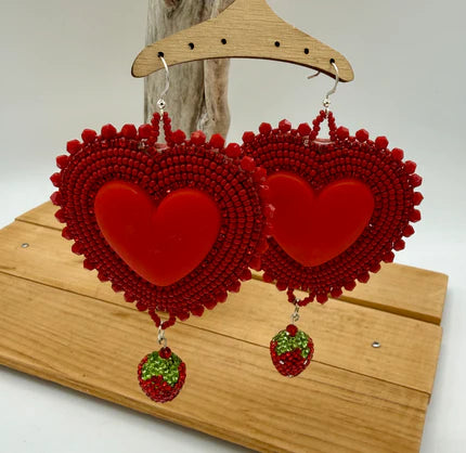 Red Heart Berries Beaded Earrings