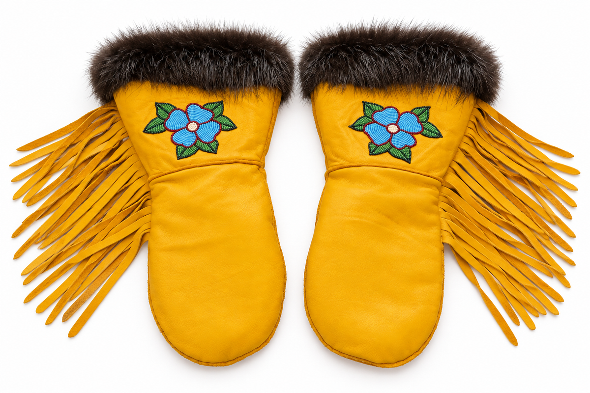 Indigenous-Made Beaded Leather Gauntlets | Beaver Fur | XL