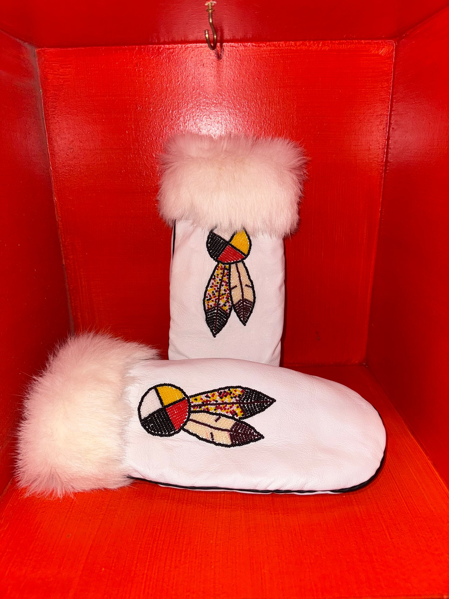 Handmade White Leather Beaded Mittens