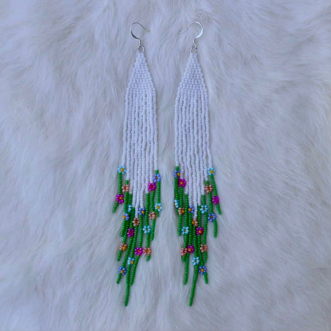 Long White Daisy Fringe Beaded Earrings