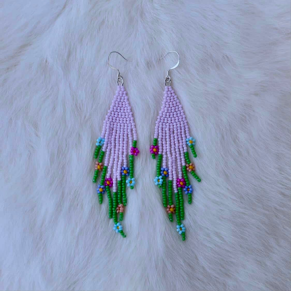 Purple Daisy Fringe Beaded Earrings