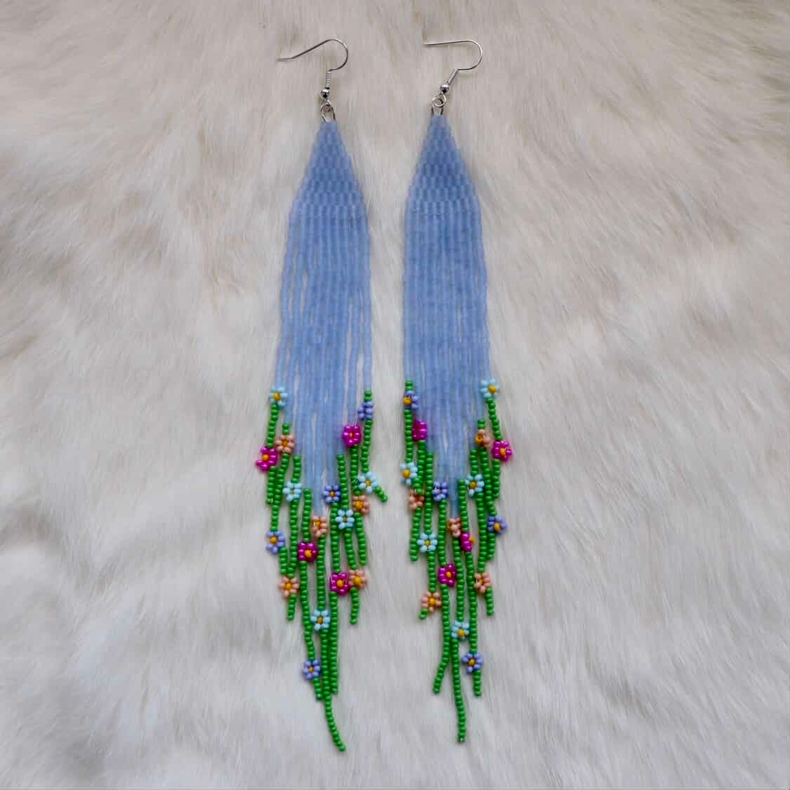 Long Blue Daisy Fringe Beaded Earrings