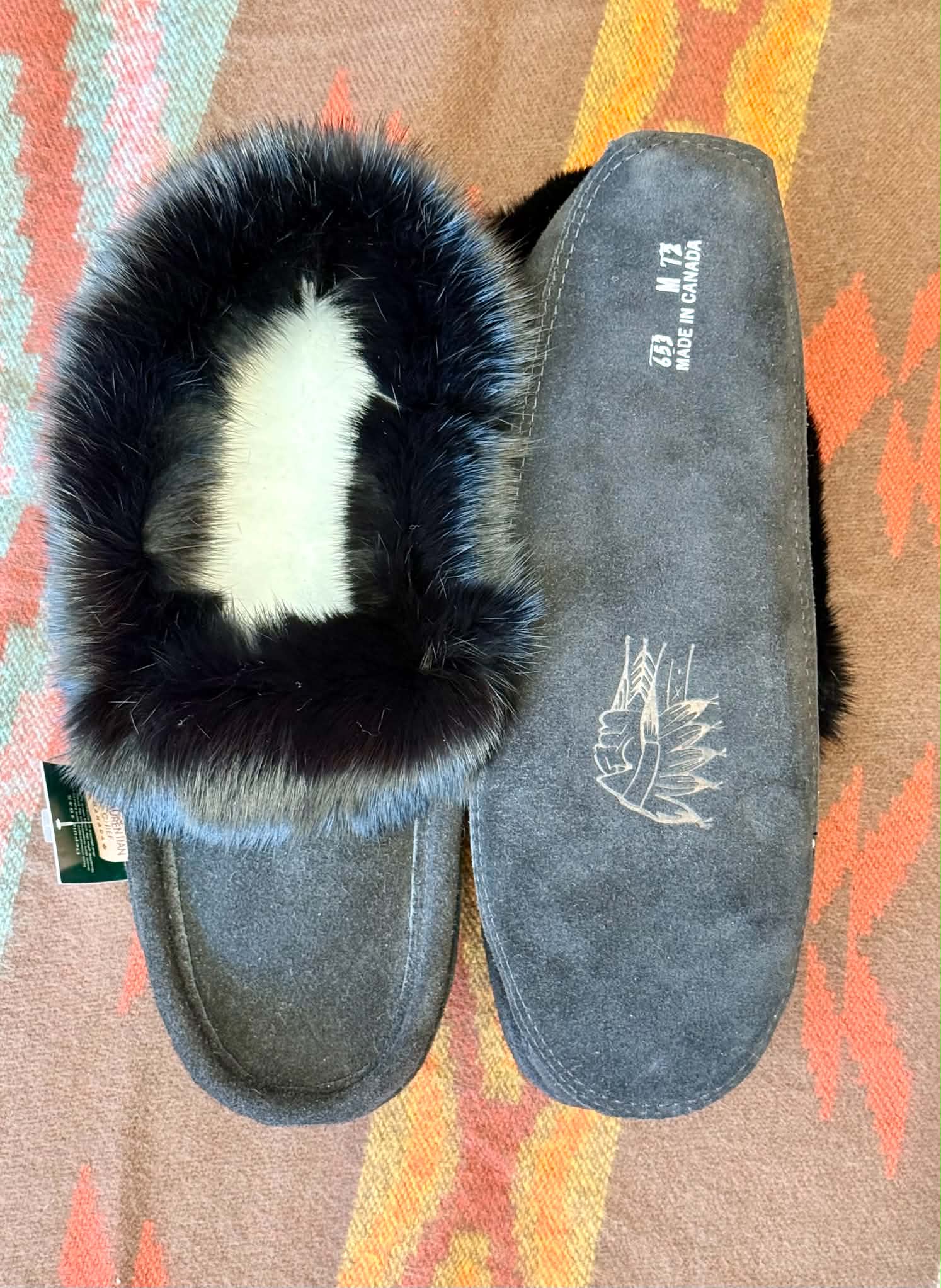 Men’s Black Leather Moccasins with Rabbit Fur Trim – Indigenous Made (Canada)