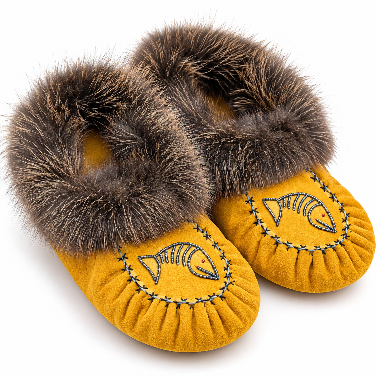 Handmade Fur-Trimmed Moccasins – Golden Moose Hide with Beaded Fish Design