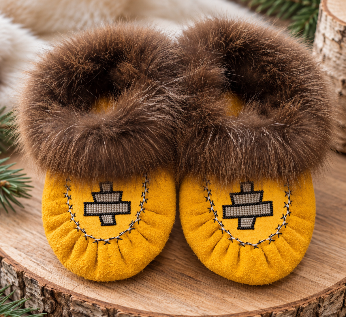 Handmade Men’s Beaver Fur Moccasins – Size 9